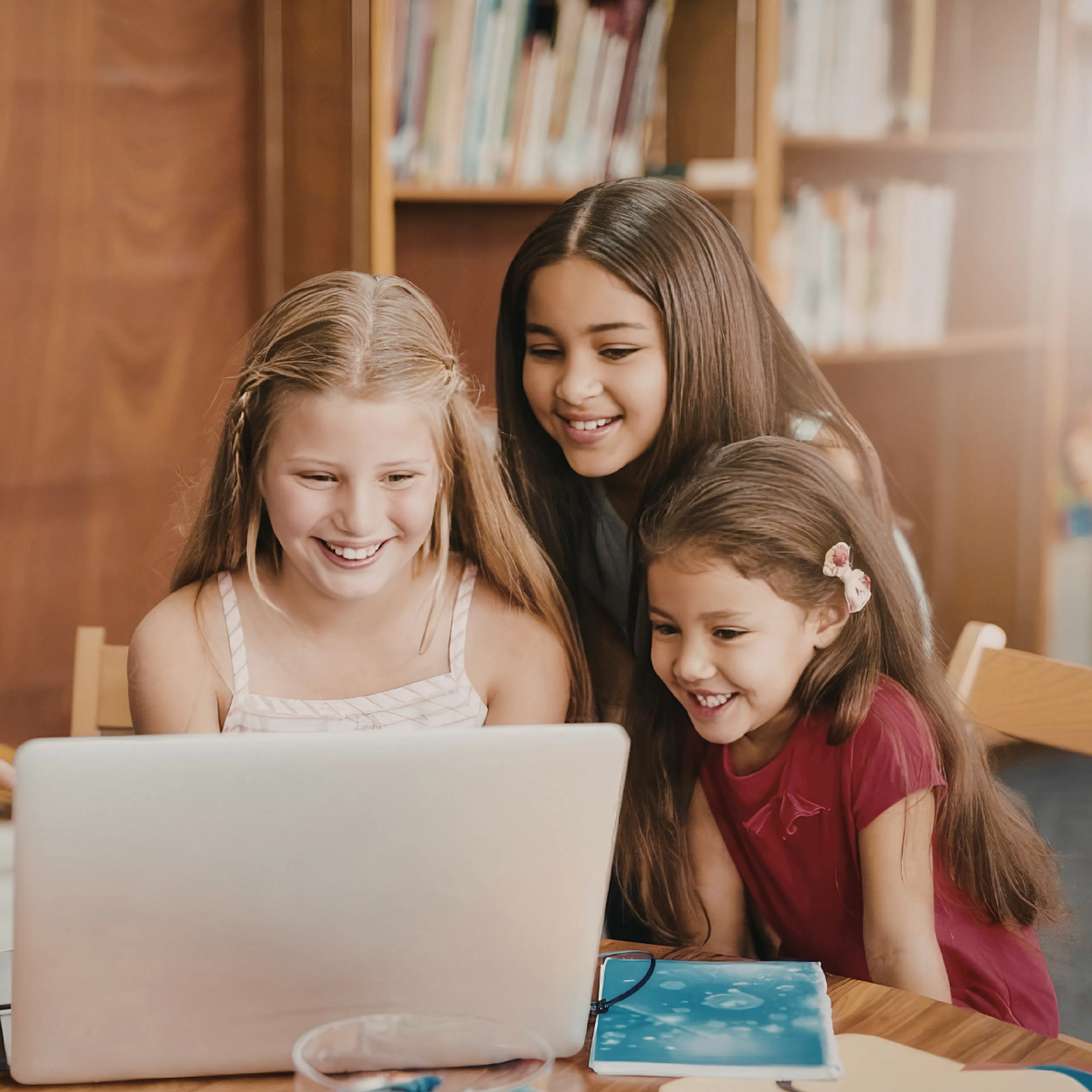 Kids gathered together at a laptop, representing making a group gift of messages for their teacher or coach