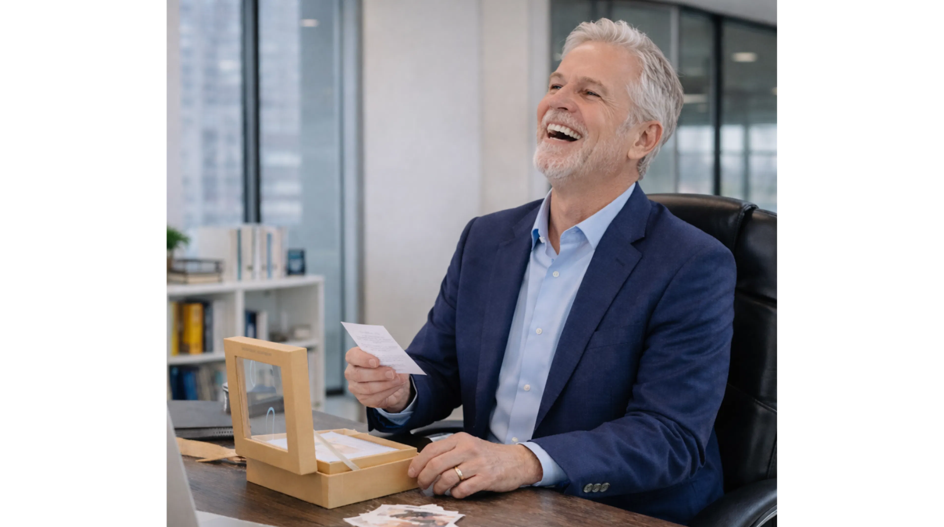 A retiring colleague sitting at his desk joyfully laughing while he reads the messages in his Woxbox