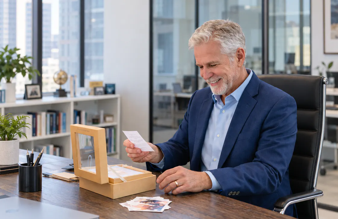 Retiring colleague smiling as he reads a note from a Woxbox filled with messages and photos on his desk