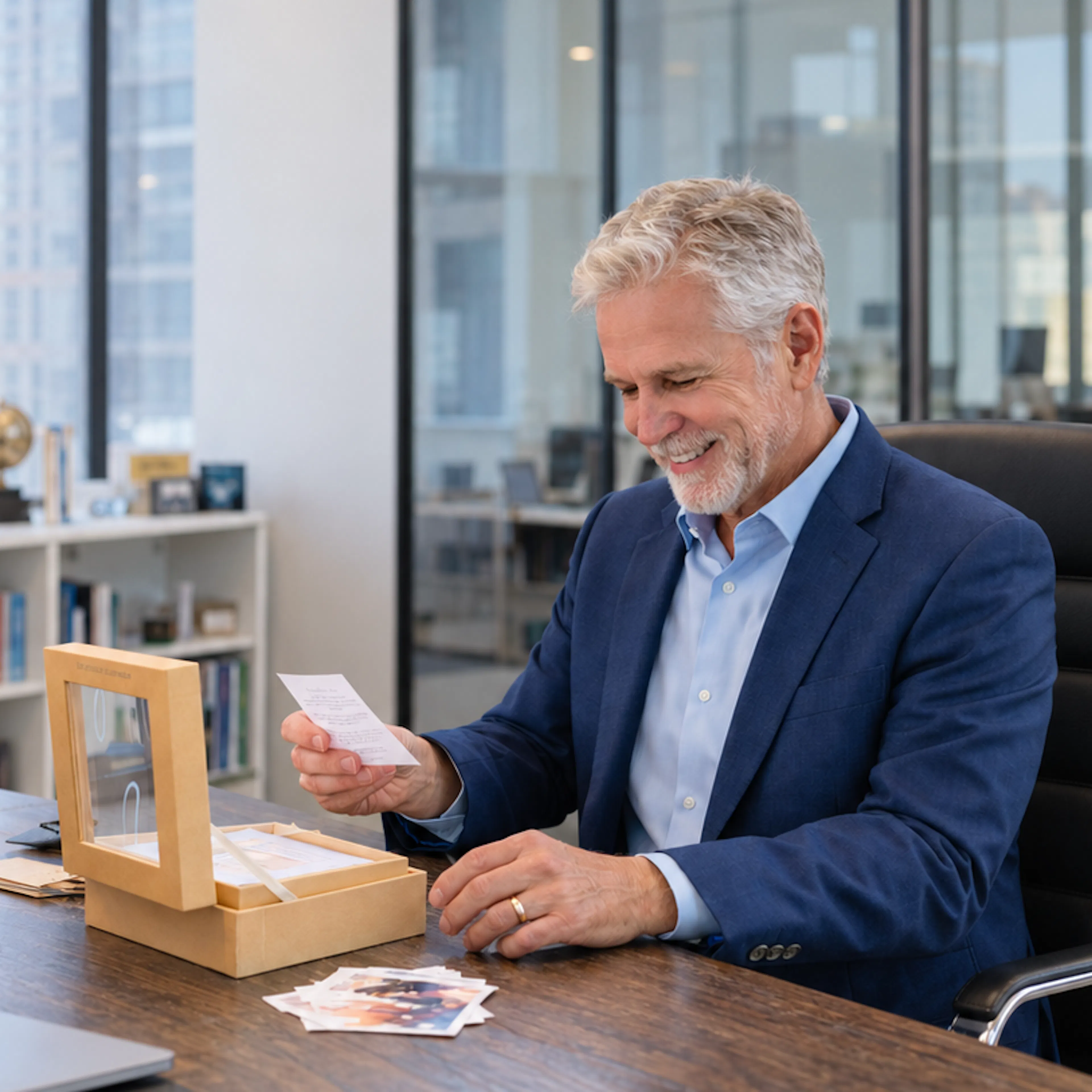 Retiring colleague smiling as he reads a note from a Woxbox filled with messages and photos on his desk