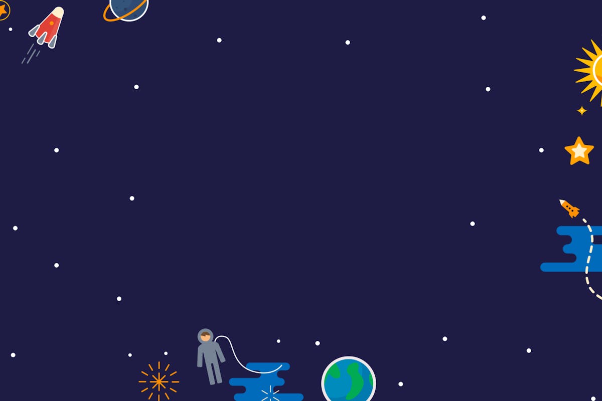 A cartoon graphics space scene showing an astronaut exploring space as rockets and planets float around.