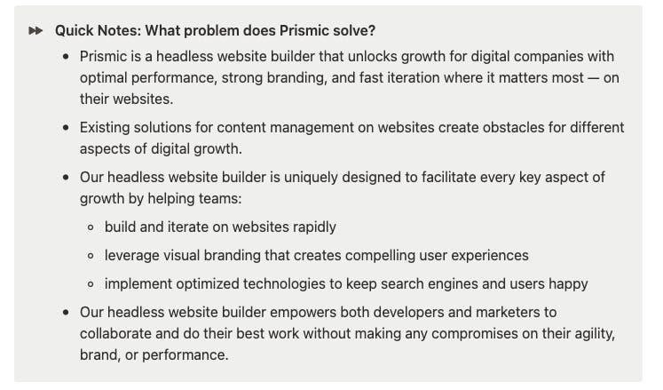 A screenshot of an excerpt from Prismic's internal brand messaging guidelines. It shows the TL;DR version of guidelines on what Prismic solves.