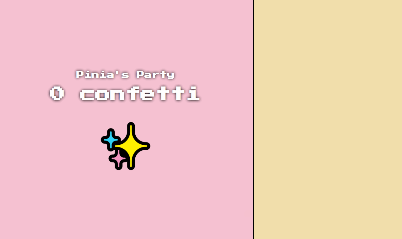 Pinia's party at this stage of the tutorial, with confetti accumulating on click. Clicking the central confetti increments the balance and makes confetti pop in a background animation.