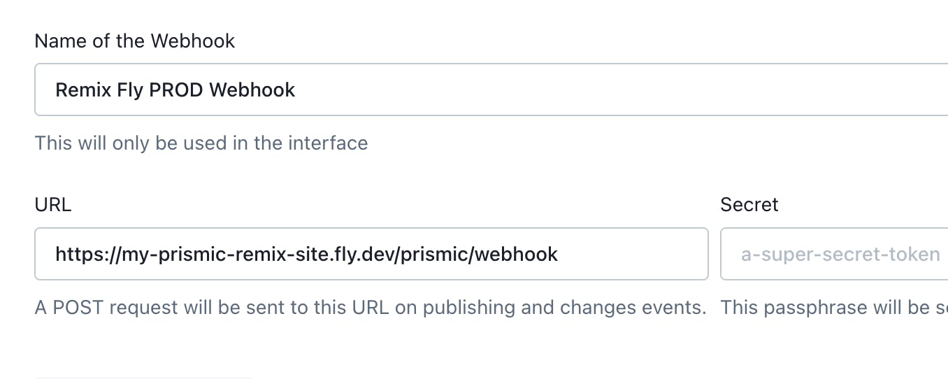 Screenshot of the Prismic interface for editing webhooks. There are fields for naming the webhook, providing a URL for it, and providing a secret key for it.