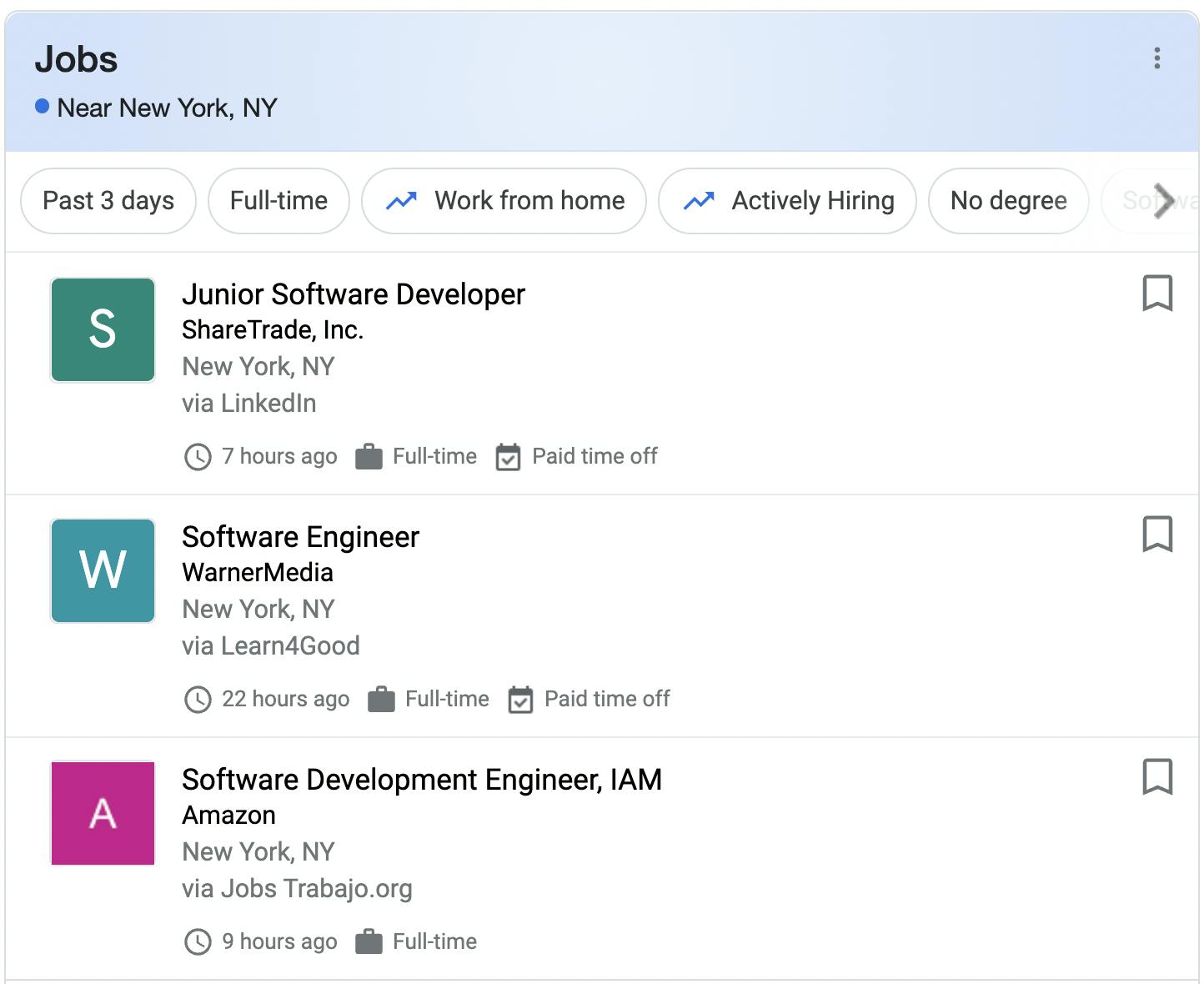 A preview of the rich results that Google creates with job posting schema data, showing the position title and other details.