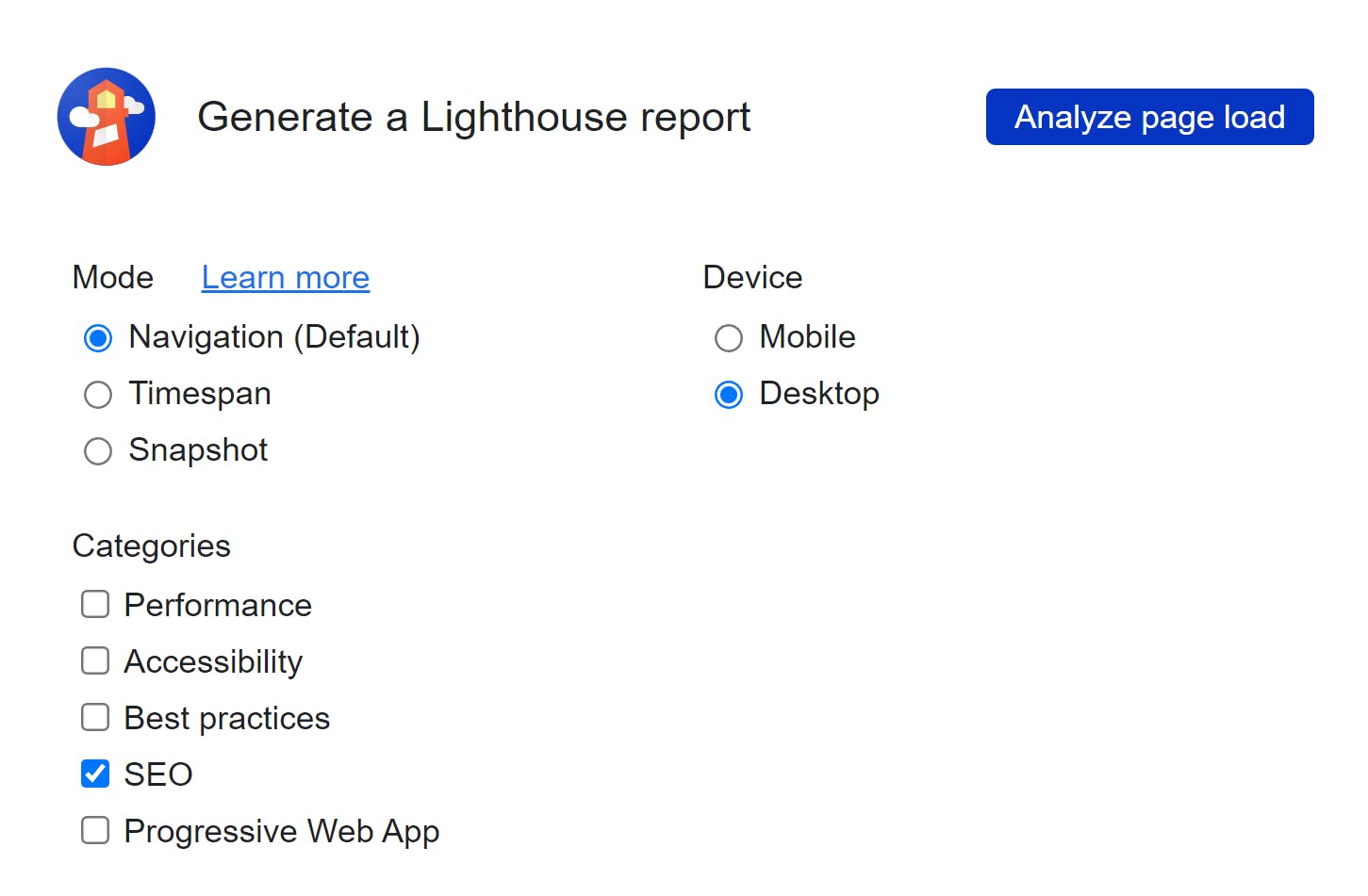 Lighthouse report generation configuration screen with Navigation, selected as the mode, Desktop selected as the device, and SEO selected as the only category.