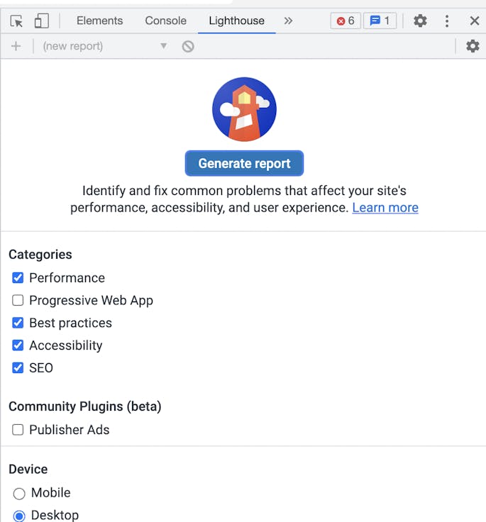 A screenshot of the Chrome Developer Tools panel, with the "Lighthouse" tab selected. A button that says "Generate report" at the top has the description: "Identify and fix common problems that affect your site's performance, accessibility, and user experience." We can toggle the categories to select "Accessibility" and choose between mobile and desktop versions.
