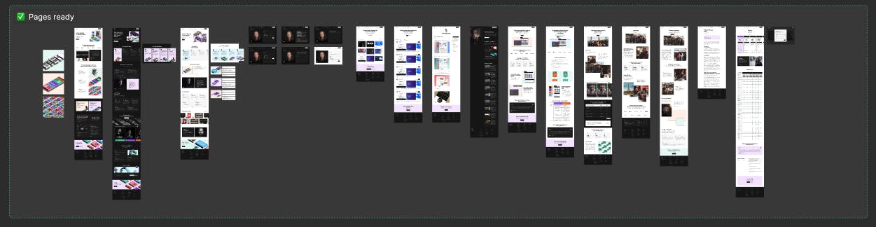 A screenshot of a Figma board with around 10 of our website pages that shows how many variations we have for Slices and illustrations for each page.