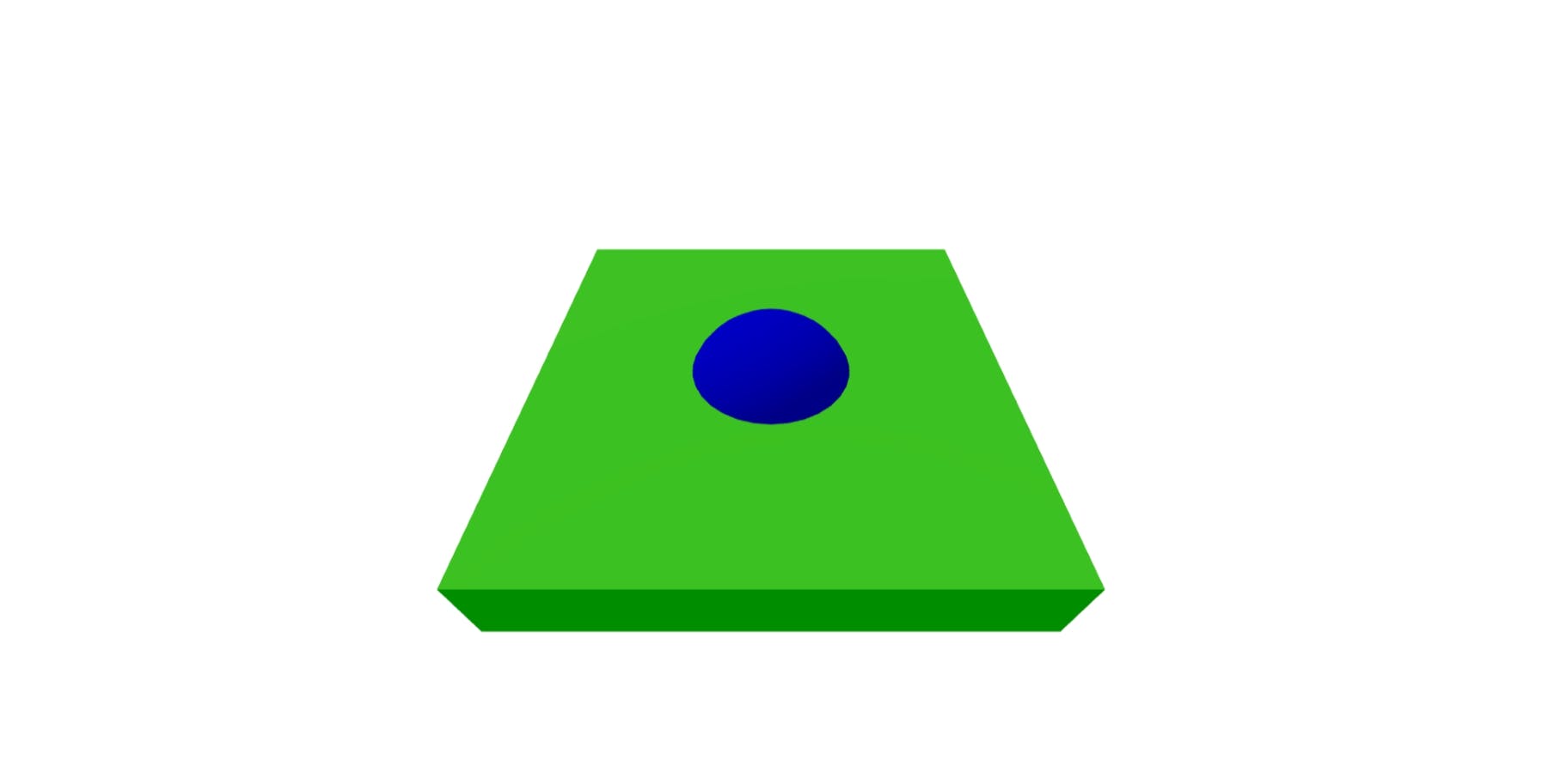 Screenshot of the 3D scene. At this stage, there's a green box that creates the floor of the scene with a blue ball that's stationary at a partially submerged position in the floor.