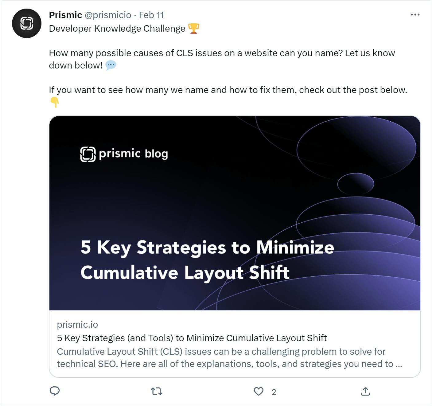 A Prismic tweet showing our auto-generated OG image for a blog post titled, "5 key strategies to minimize cumulative layout shift."