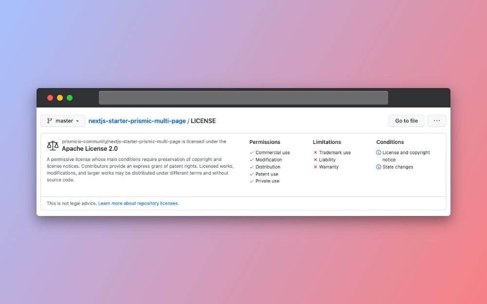 A screenshot showing that at the top of a LICENSE file in GitHub, there's a helpful dialogue box that highlights the prerequisites, limitations, and conditions associated with a given software license.