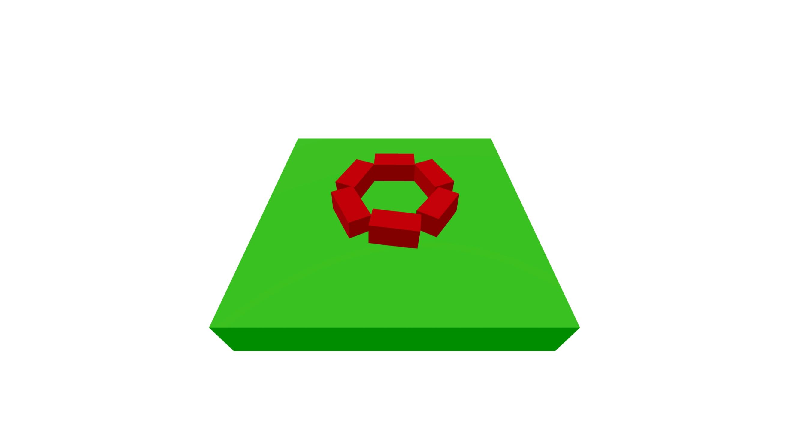 Screenshot of the 3D scene. At this stage, there's a green box that creates the floor of the scene with six red bricks arranged so that they're all facing the center of a circle, creating a circular base for the tower.
