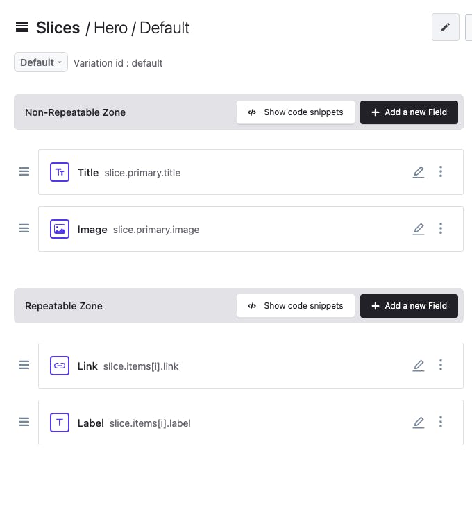 A preview of the fields configured in Slice Machine for the Hero Slice. In the non-repeatable zone, there is a title and an image field. In the repeatable zone, there's a link and a label field.