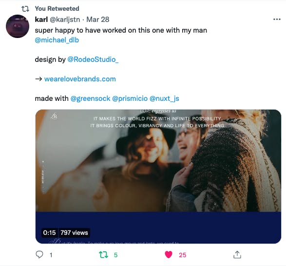 Screenshot of a tweet from a Prismic Partner about a recent project that they worked on. The tweet was retweeted by Prismic.