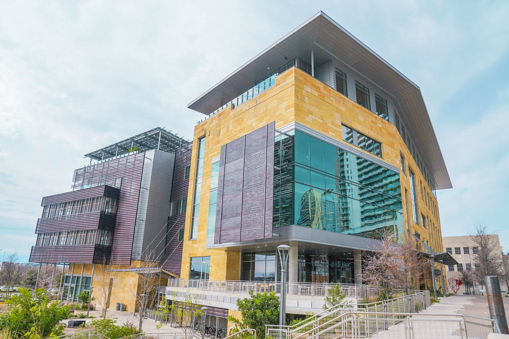 A corner shot of the Austin Public Library.