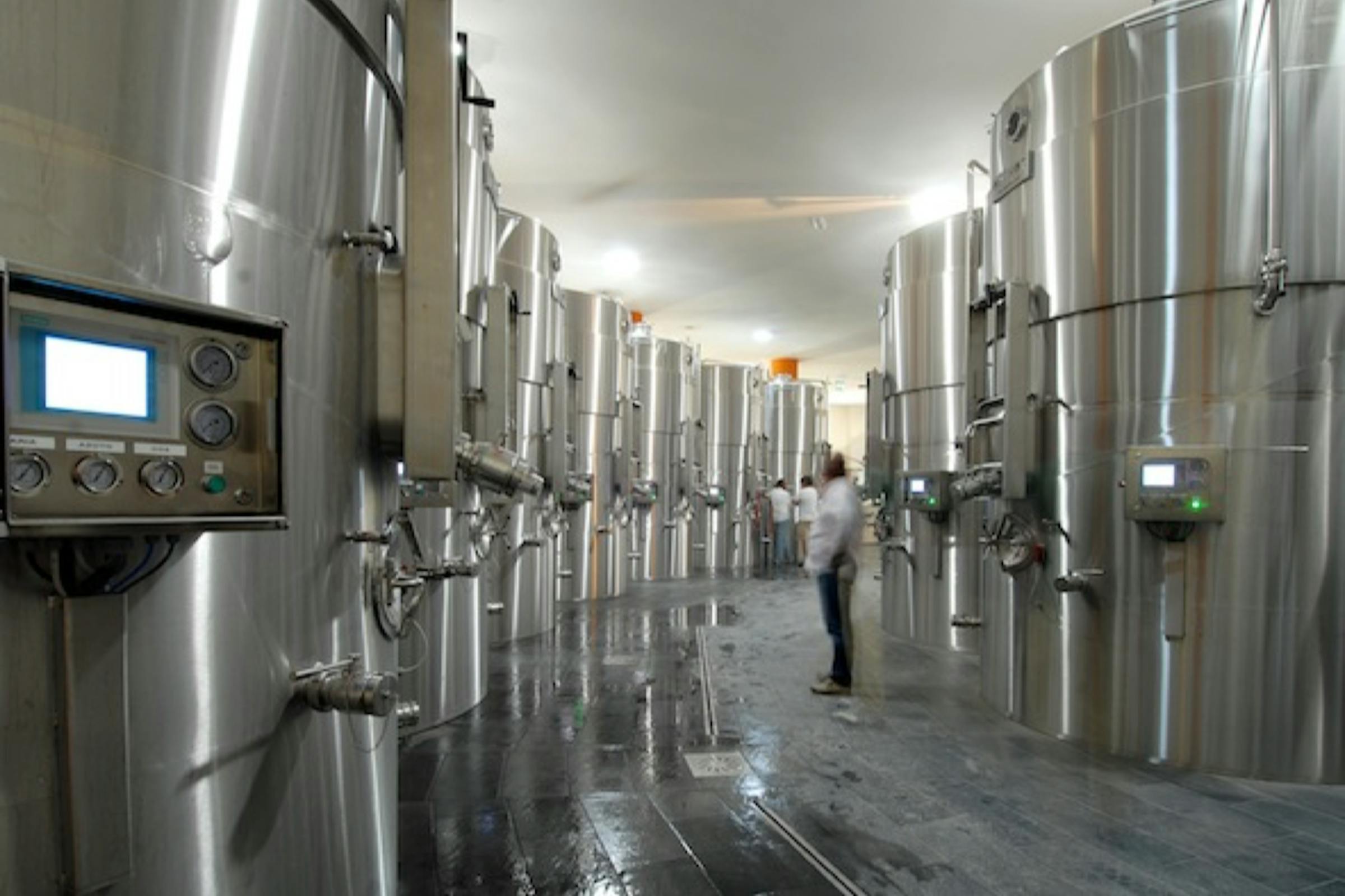 A room of large silver vats full of wine.
