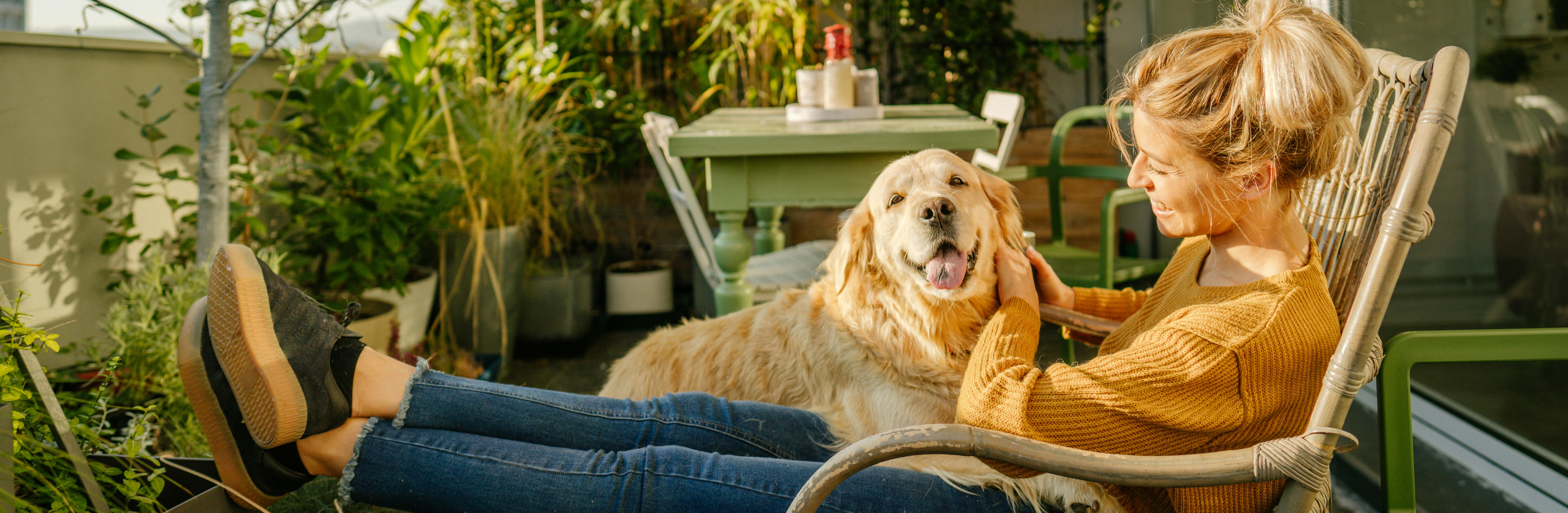Frau, die auf einer Terrasse mit einem Hund sitzt