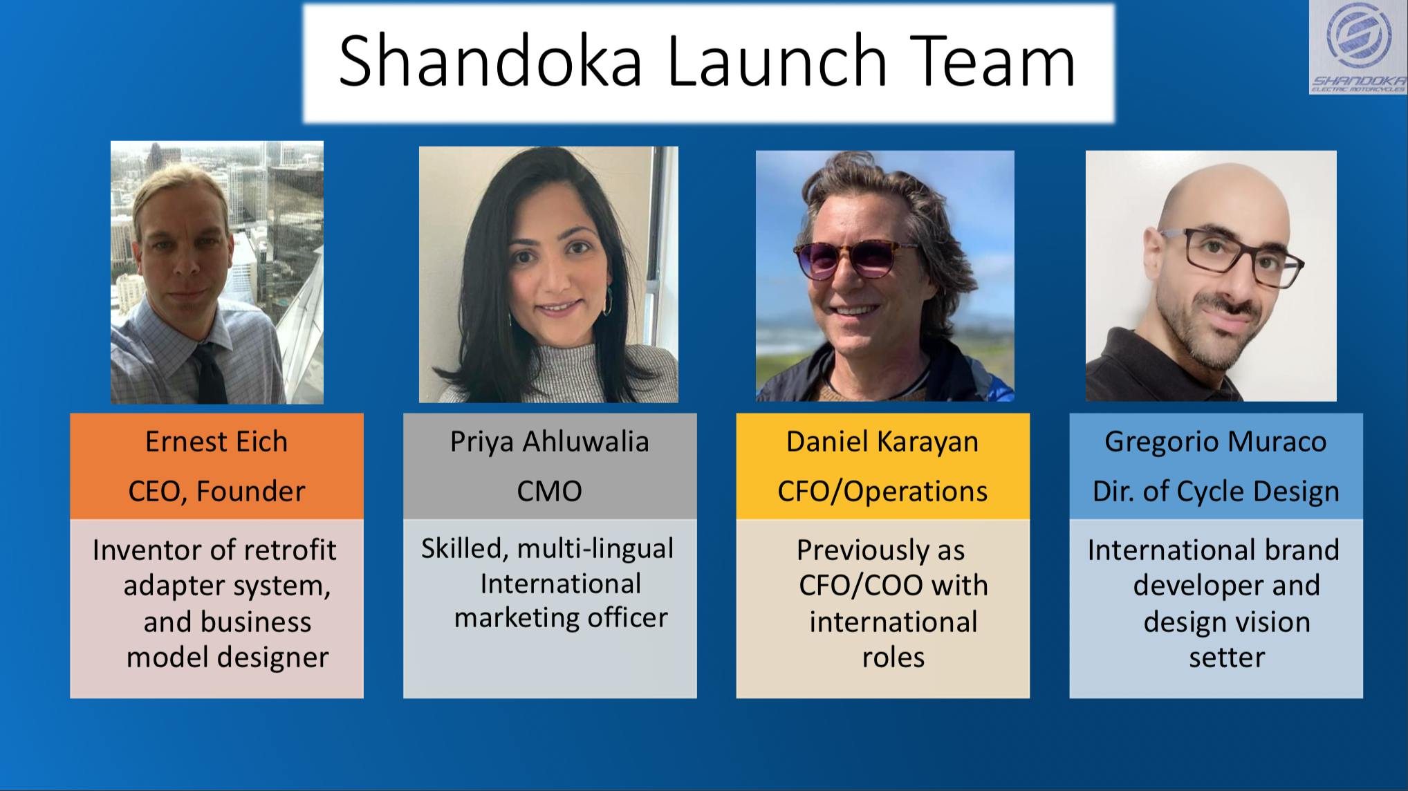 shandoka electric motorcycle leadership team of executives www.wunderfund.co/shandokacycles