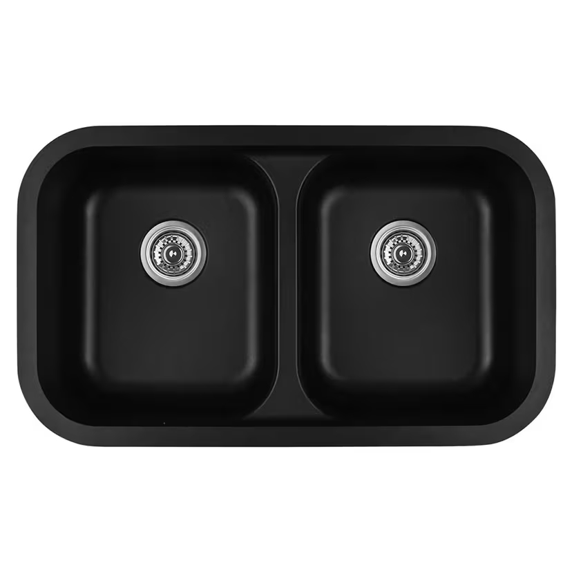 Q-350-GR 32" Black Quartz Undermount Double Equal Bowl Kitchen Sink