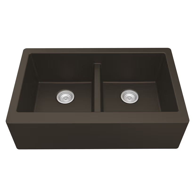 QA-750 Quartz Under Mount Double Bowl with Apron Kitchen Sink, 34" x 21-1/4" x 9", Brown