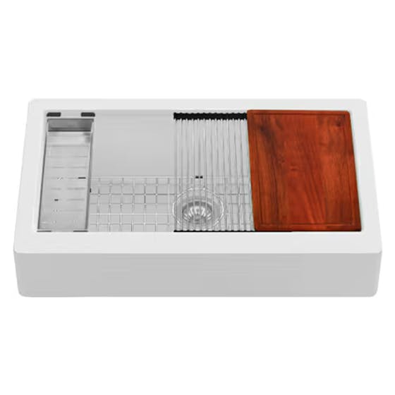 Quartz QARWS Retrofit Farmhouse/Apron Front Large Single Bowl Workstation Kitchen Sink, 34" x 21-1/4" x 9", White