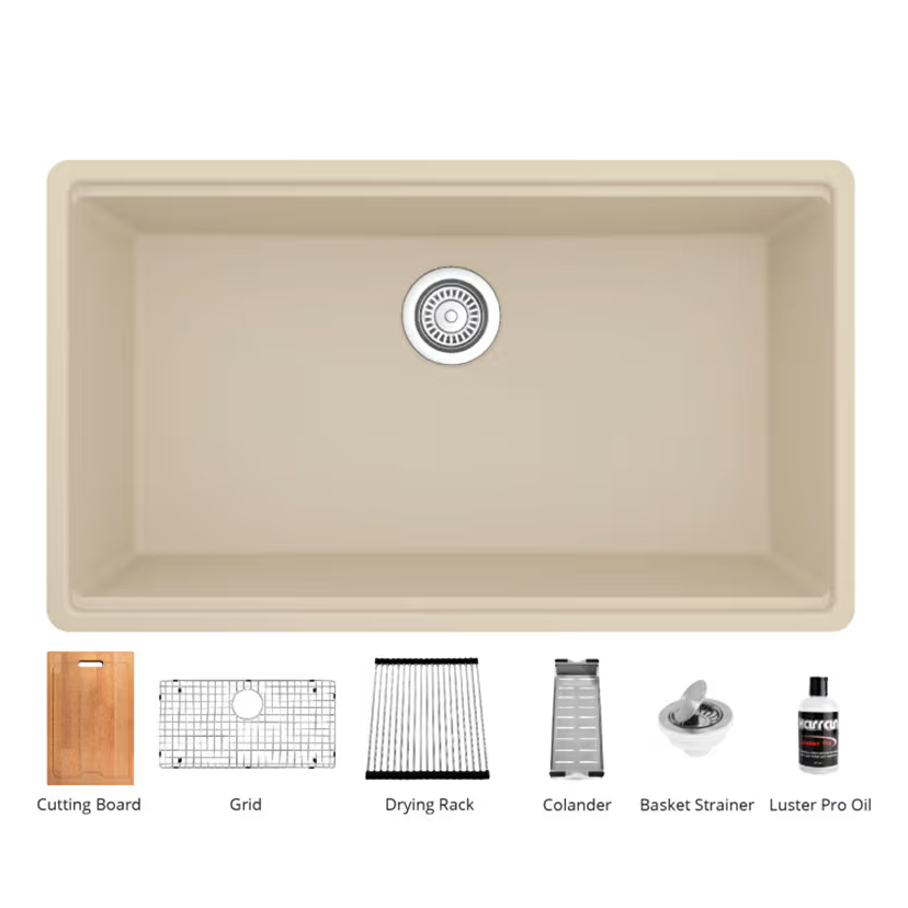 QUWS-875 Quartz Undermount Large Single Bowl Workstation Kitchen Sink, 32-1/2" x 19-1/4" x 9", Bisque