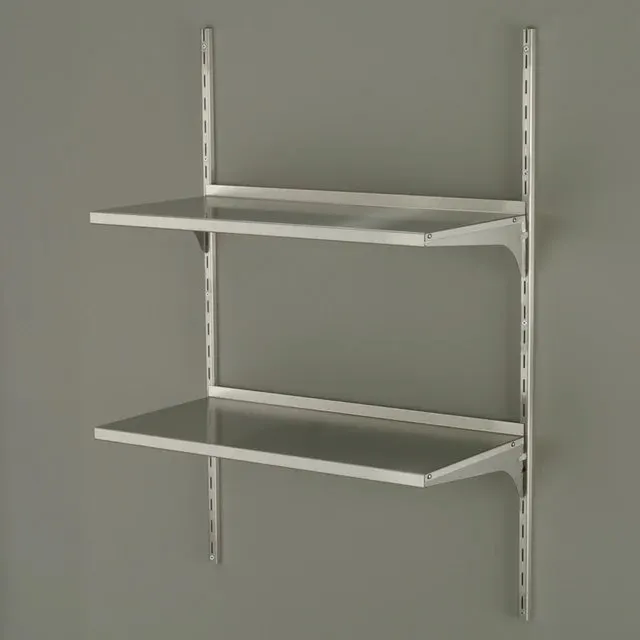 Knape & Vogt single-slot shelf standards and brackets holding two steel shelves