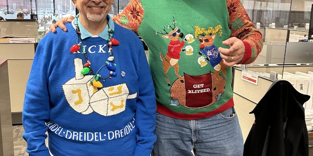 Two Wurth employees on an ugly sweater day