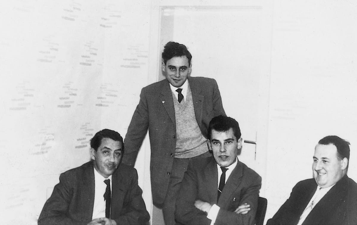 The young boss Reinhold Würth (second from left) with his three main sales representatives Otto Hempel, Hans Hügel and Artur Herold (1958).