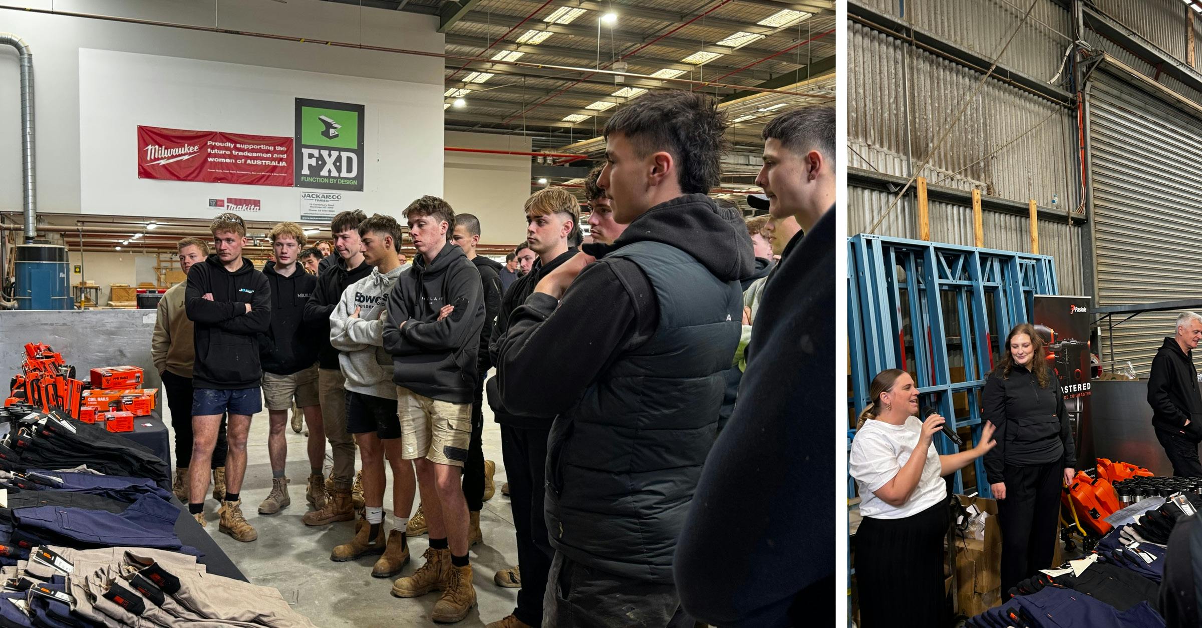 Tradies listening to a speaker