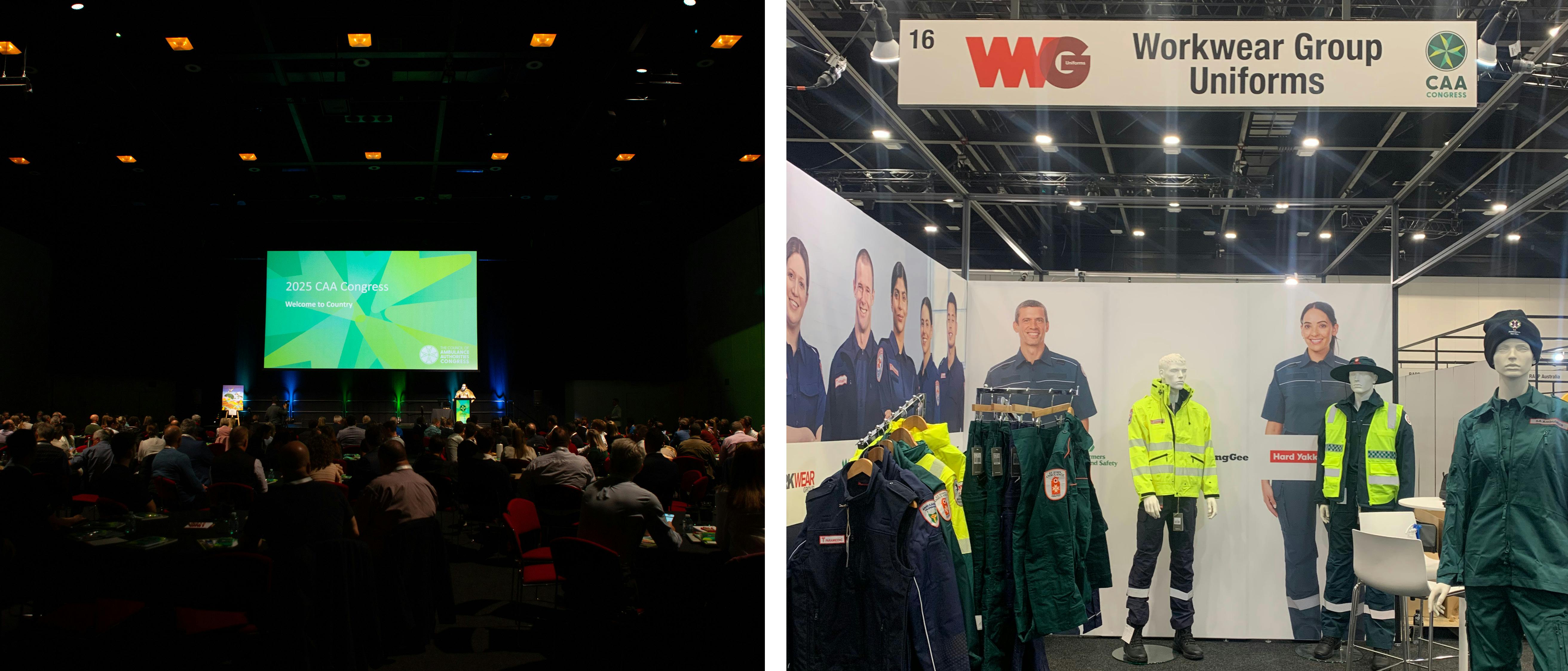2 images side-by-side - conference screen and WWGU stand