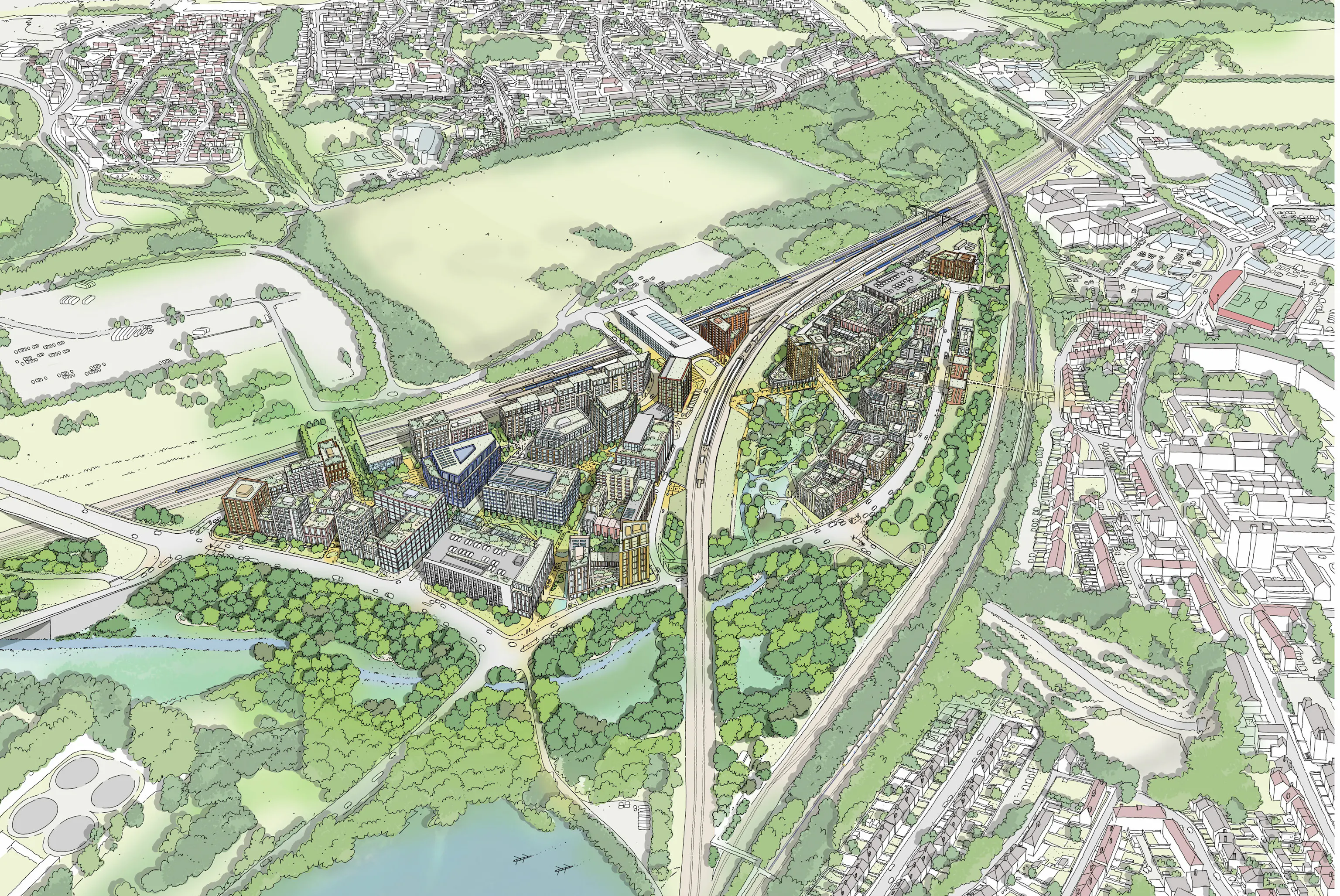 Aerial sketch view of Ebbsfleet Central East Masterplan LR