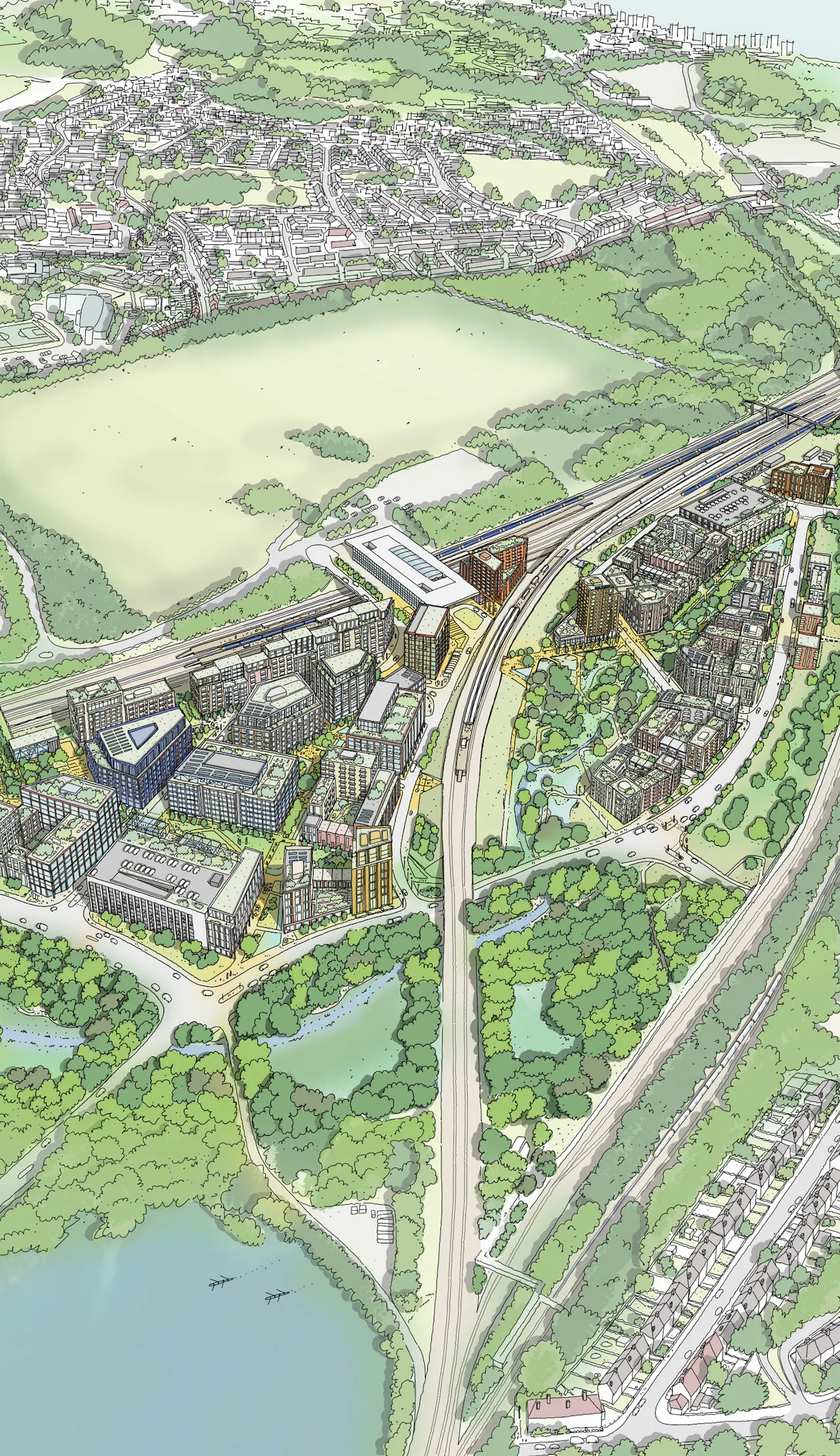 Aerial sketch view of Ebbsfleet Central East Masterplan LR