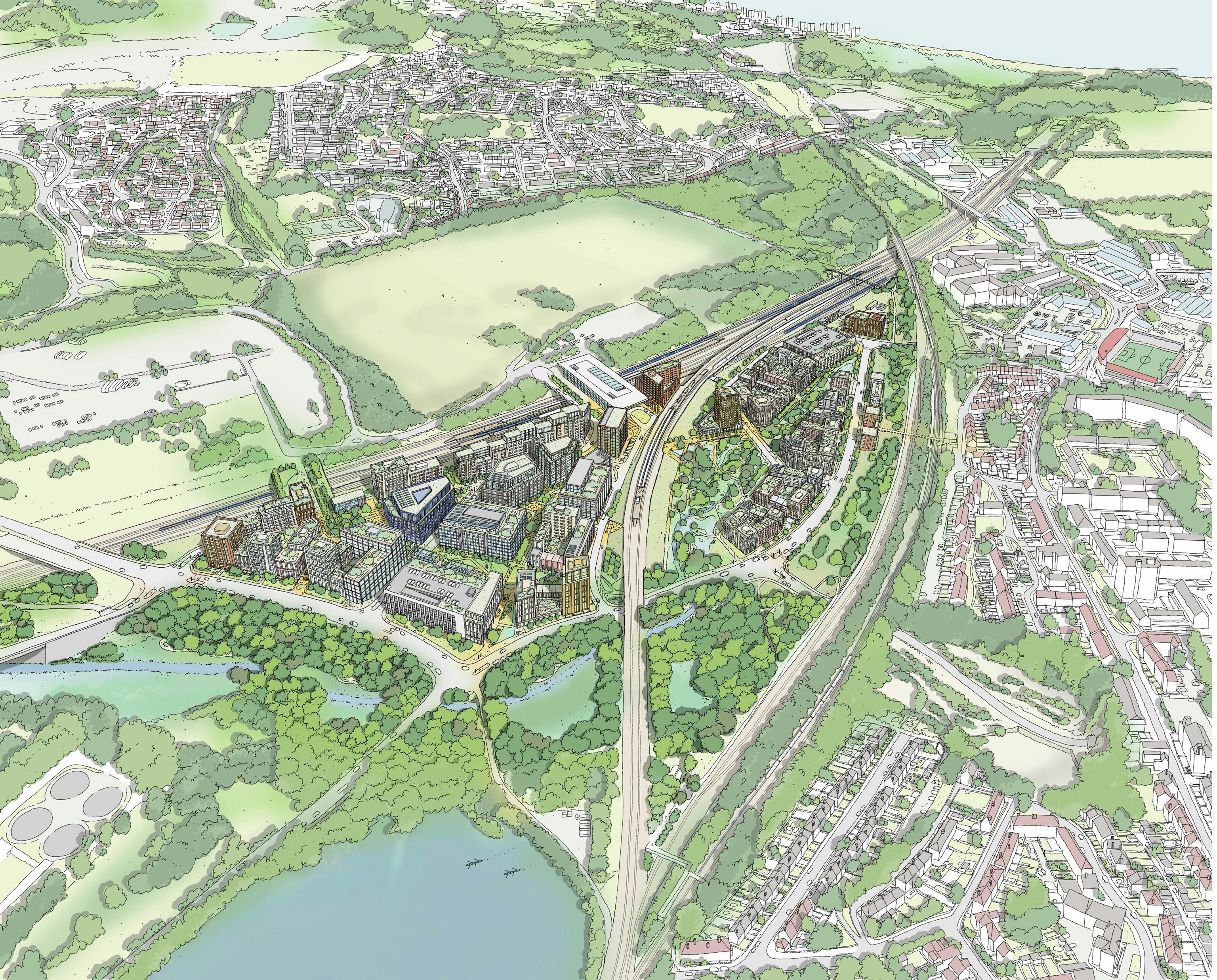 Aerial sketch view of Ebbsfleet Central East Masterplan LR