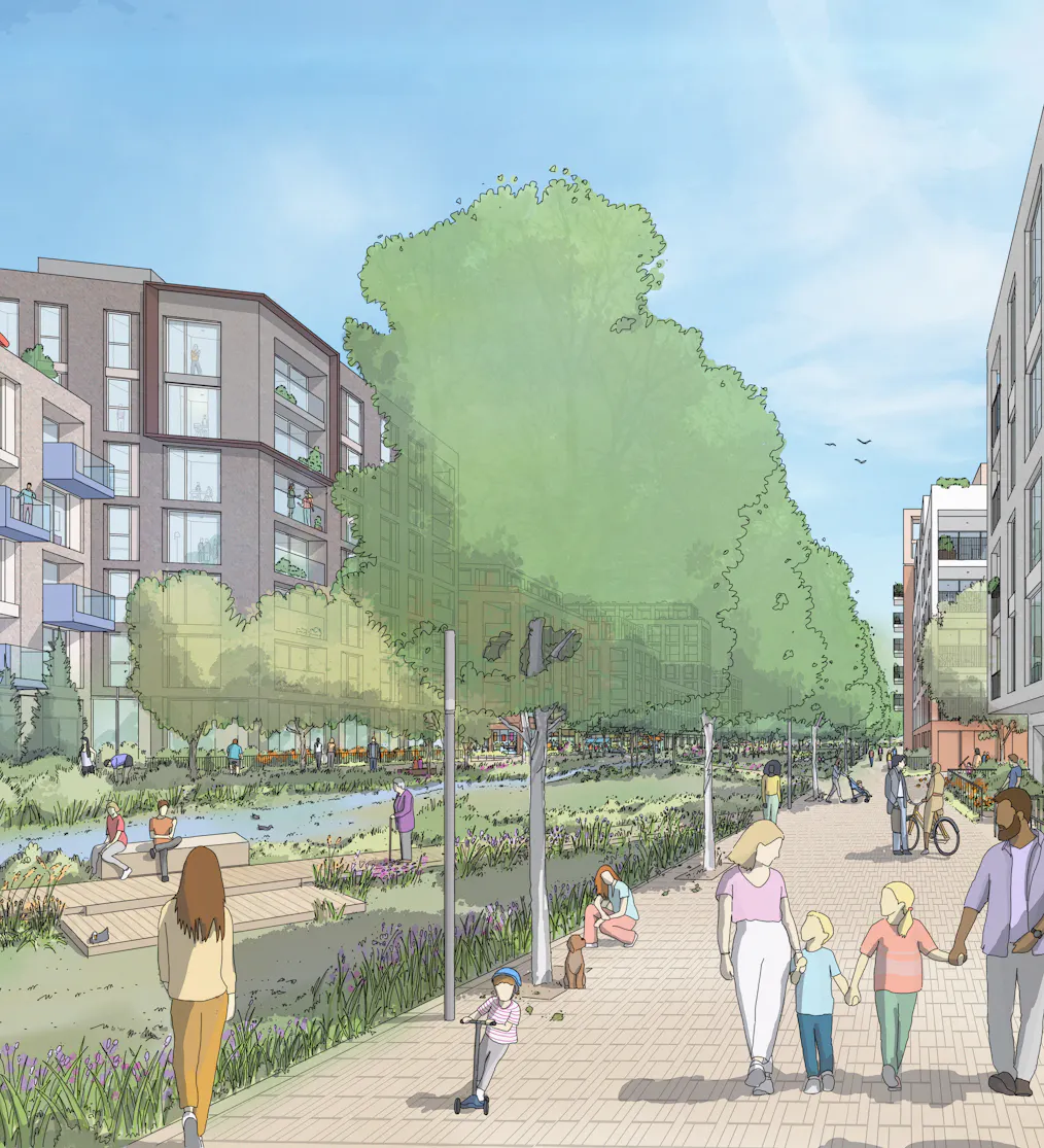 Eye level view of the new residential neighbourhood and public realm along River Ebbsfleet