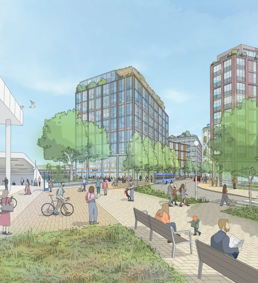 View of the new public space in front of Ebbsfleet International Domestic Station