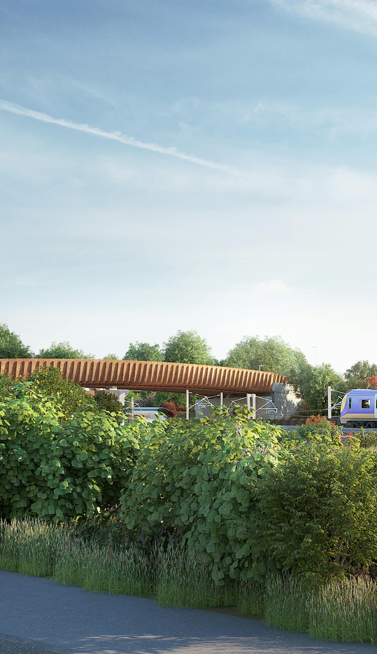 View of Aston Church Road Overbridge showing the rich vegetation that will surround the area