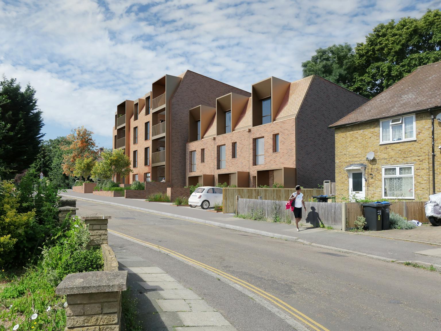 A concept image of a block of homes on a leafy street.