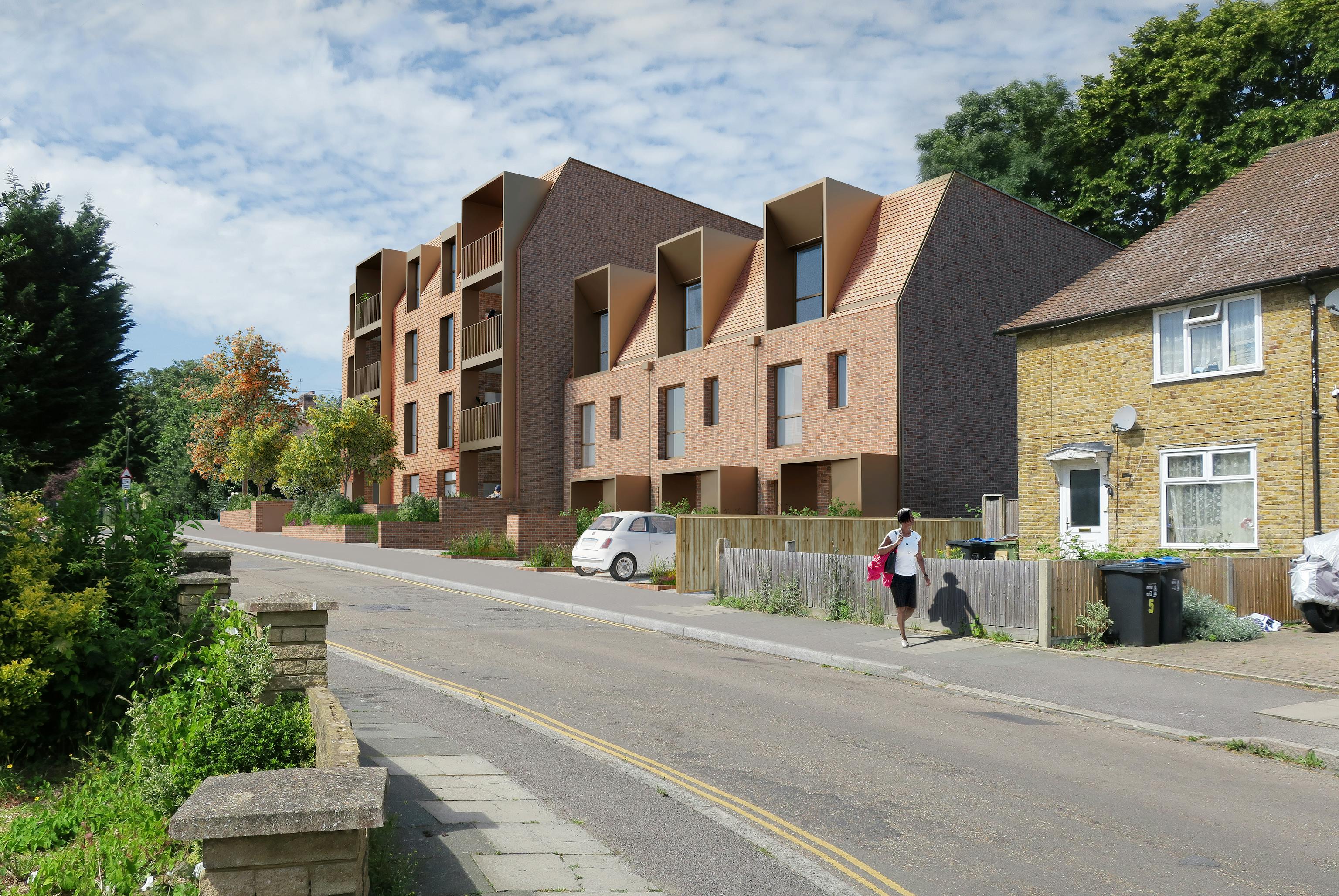 A concept image of a block of homes on a leafy street.