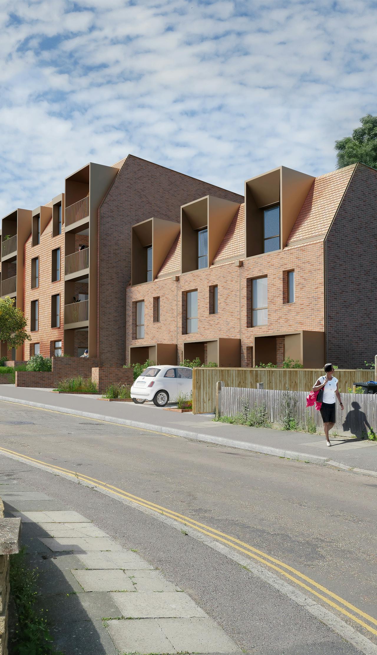 A concept image of a block of homes on a leafy street.
