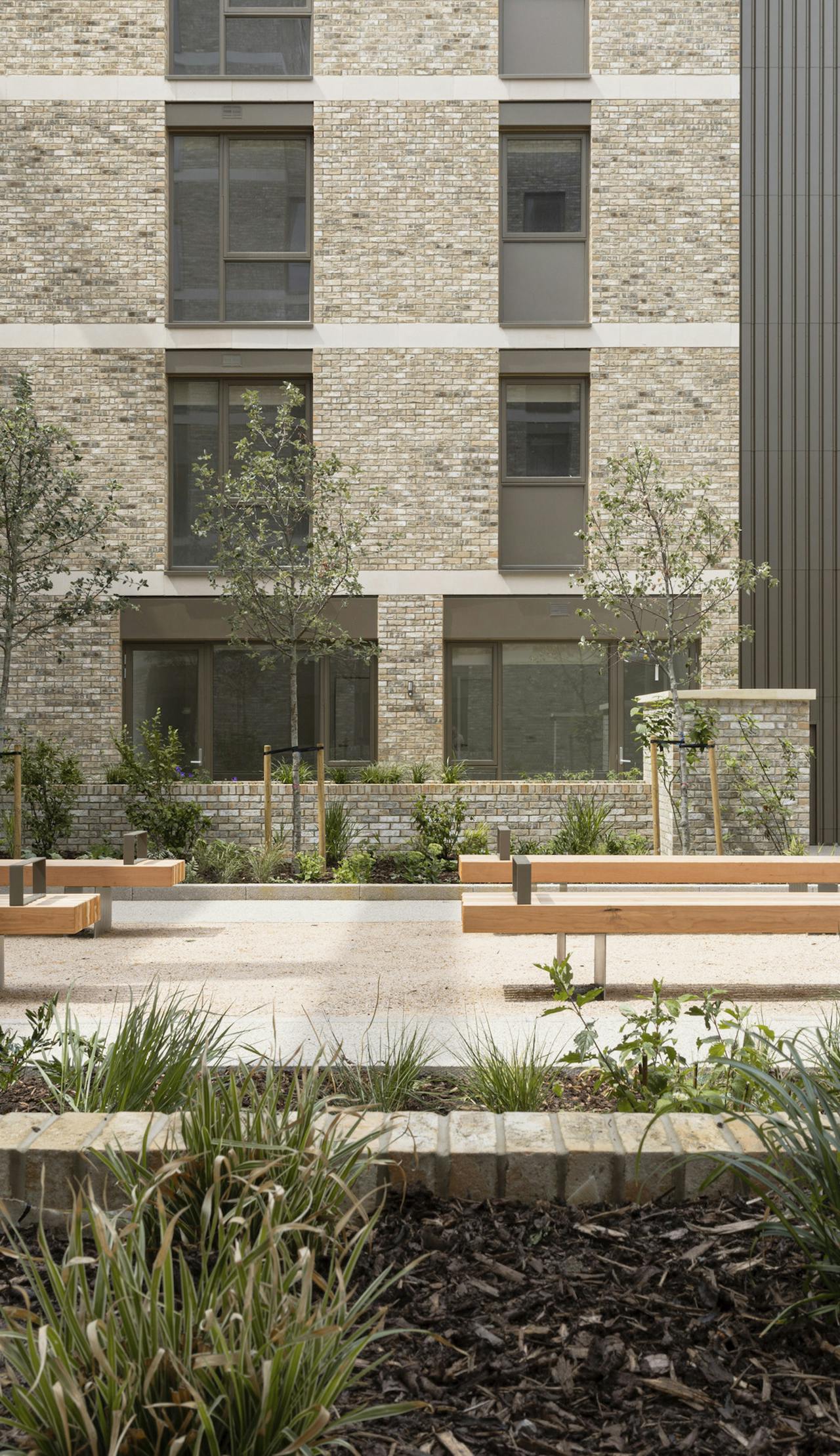 A ground level view of a block of apartments in the sunshine.