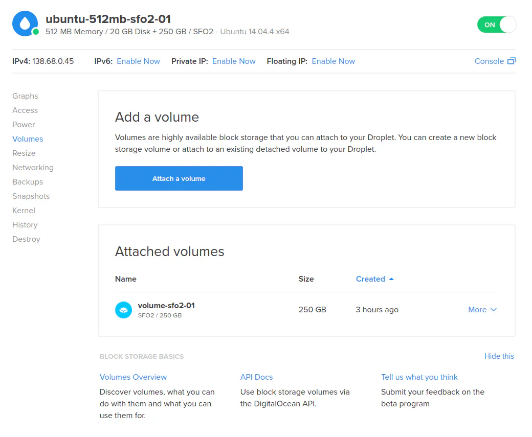 Volumes tab on Droplet page