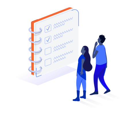 Two people looking at notebook checklist