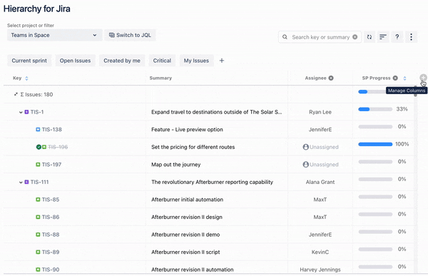 GIF showing two progress bars in Hierarchy for Jira