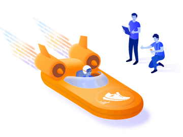 Two colleagues watch with encouragement as a third races past in a hovercraft