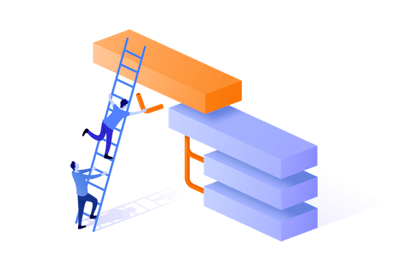 Two people on a ladder connecting large orange and blue bars together
