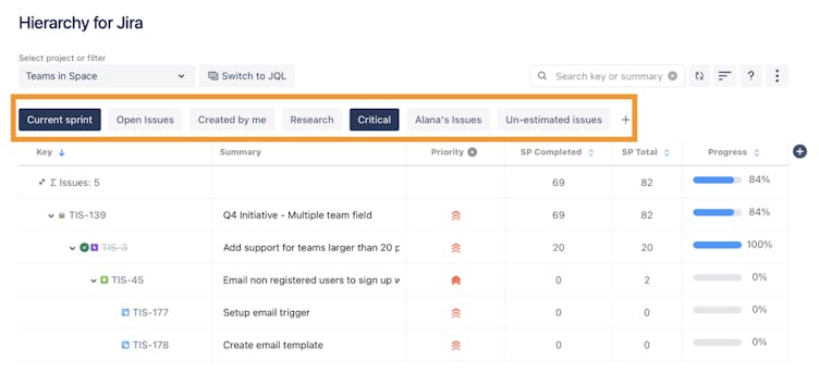 Screenshot showing how to review shared reports using Jira Quick Filters