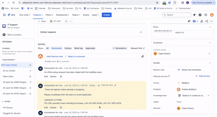 A demo of Jira Service Management using Atlassian's artificial intelligence to summarise comments in tickets
