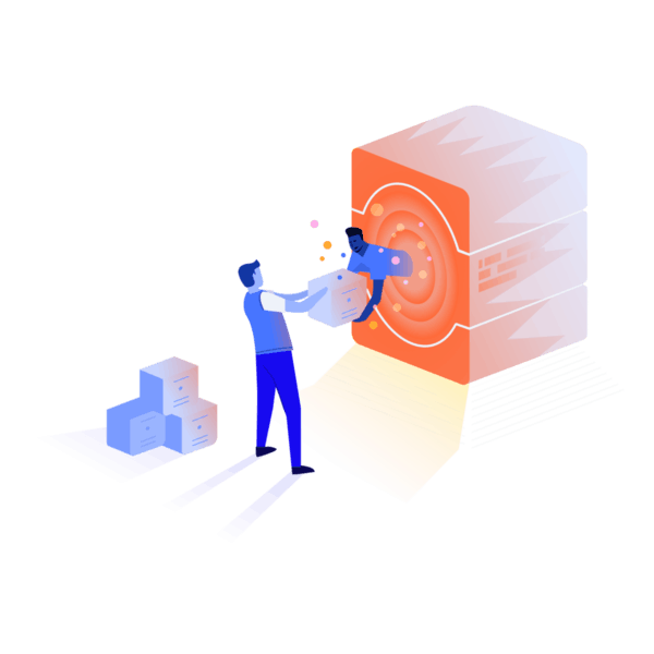 Person pulling information blocks from a portal