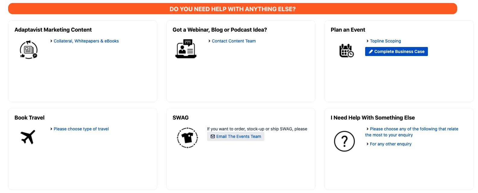Screenshot of an internet screen with an orange title banner, icons and sections directing people to different pages